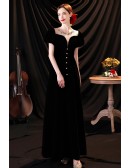 Noble Long Black Evening Dress Beaded Round Neck with Bubble Sleeves