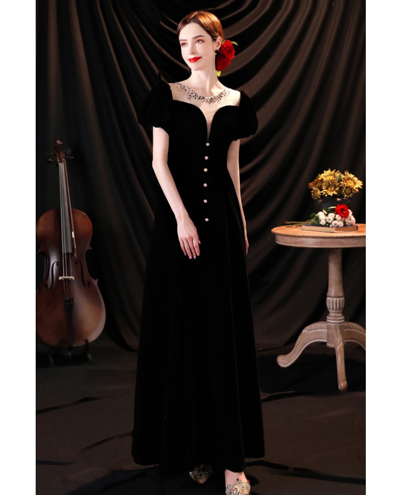 Noble Long Black Evening Dress Beaded Round Neck with Bubble Sleeves ...