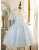 Lovely Sky Blue Sequined Stars Girls Pageant Gown Party Dress with Short Sleeves