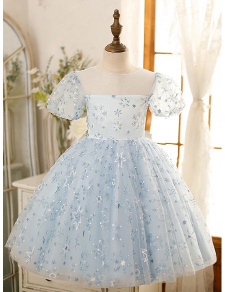 Lovely Sky Blue Sequined Stars Girls Pageant Gown Party Dress with Short Sleeves
