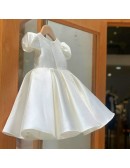 Cute Baby Girl Satin Wedding Flower Girl Dress with Butterfly Cap Sleeves