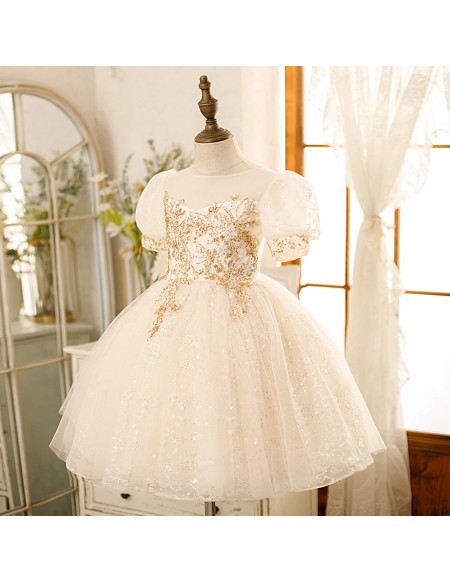 Luxury Sequined Couture Ballgown Flower Girl Dress Pageant Gown with Bubble Sleeves