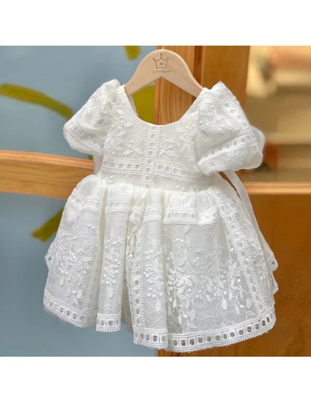 Unique Lace Round Neck Couture Flower Girl Dress with Bubble Sleeves