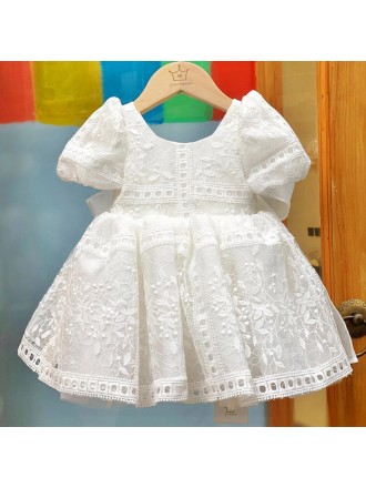Unique Lace Round Neck Couture Flower Girl Dress with Bubble Sleeves