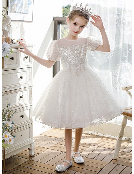 Couture Sequined Embroidery Tulle Ballgown Flower Girl Dress with Short Sleeves