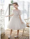 Couture Sequined Embroidery Tulle Ballgown Flower Girl Dress with Short Sleeves