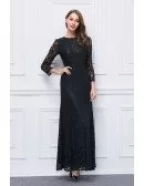 Elegant A-Line Black Lace Long Dress With Sleeves