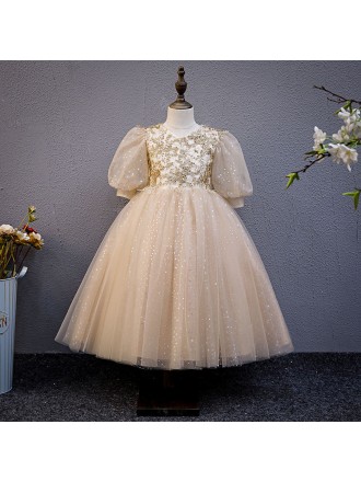 Luxury Champagne Bling Sequins Ballgown Flower Girl Dress with Bubble Sleeves