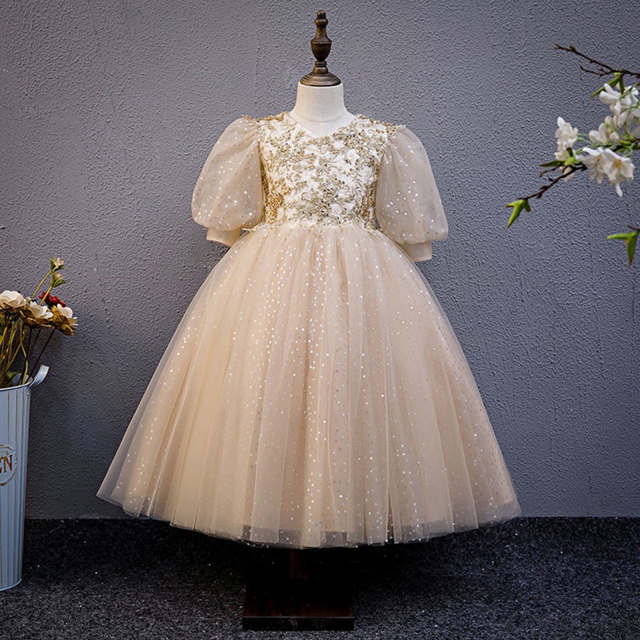 Luxury Champagne Bling Sequins Ballgown Flower Girl Dress with Bubble ...