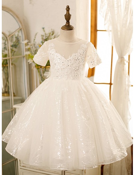 Couture Bling Sequined Ballgown Flower Girl Dress with Short Sleeves