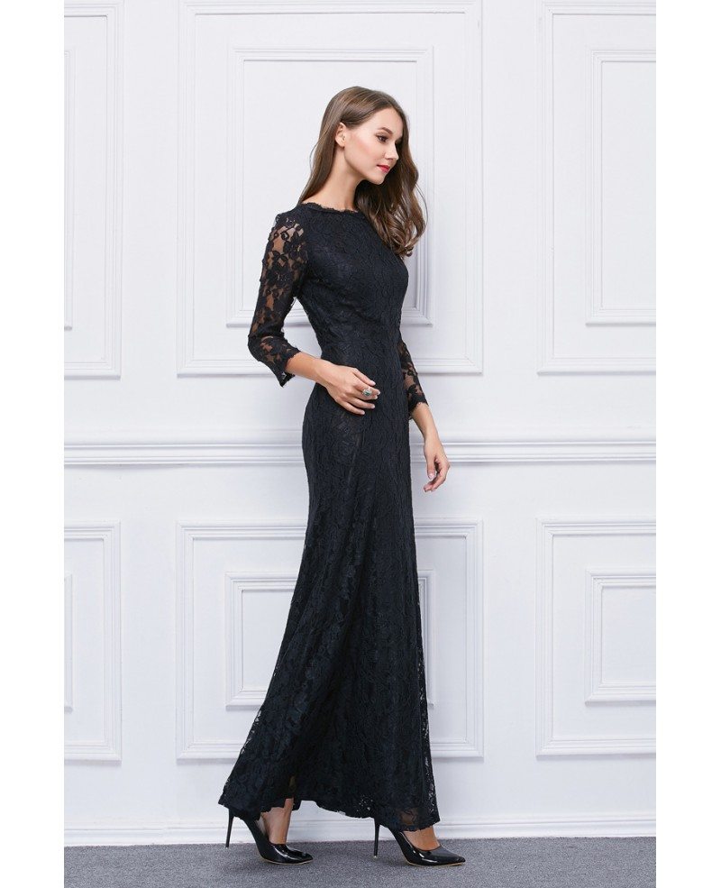 Elegant A-Line Black Lace Long Dress With Sleeves #CK314 $72.7 ...