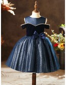 Lovely Navy Blue Bling Girls Formal Party Dress with Cold Shoulder