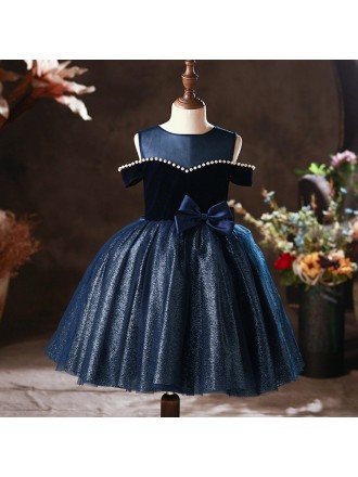 Lovely Navy Blue Bling Girls Formal Party Dress with Cold Shoulder