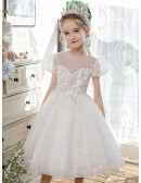 Ivory with Silver Sequins High End Flower Girl Pageant Ball Gown with Bubble Sleeves
