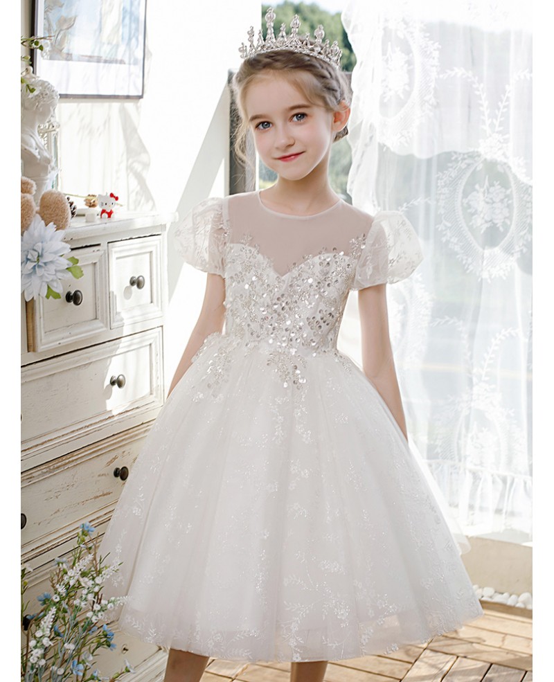 Ivory with Silver Sequins High End Flower Girl Pageant Ball Gown with ...