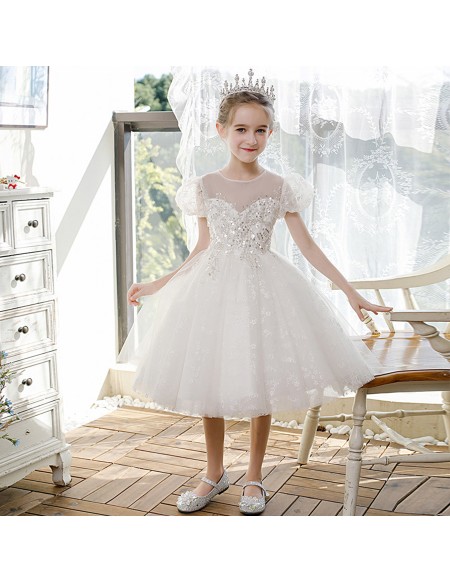 Ivory with Silver Sequins High End Flower Girl Pageant Ball Gown with Bubble Sleeves