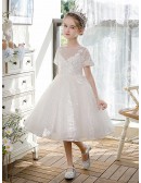 Sequined Ballgown Tulle Flower Girl Dress with Illusion Short Sleeves