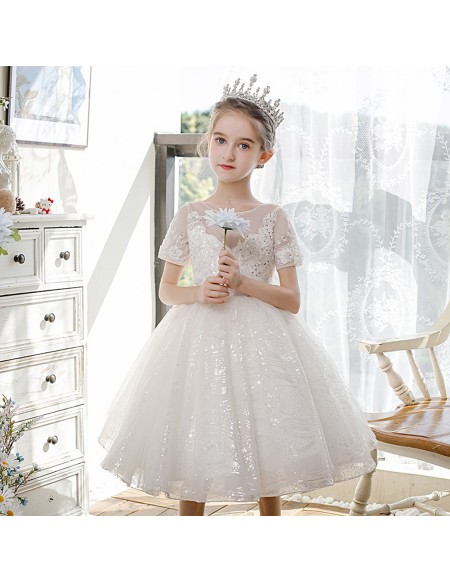 Sequined Ballgown Tulle Flower Girl Dress with Illusion Short Sleeves