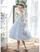 Lovely Sky Blue Sequined Stars Girls Pageant Gown Party Dress with Sheer Bubble Sleeves