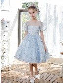 Lovely Sky Blue Sequined Stars Girls Pageant Gown Party Dress with Sheer Bubble Sleeves
