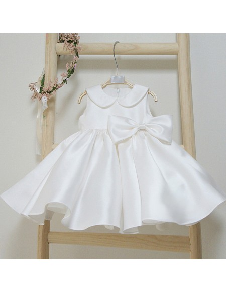 Couture Ivory Satin Ruffled Wedding Flower Girl Dress with Baby Collar