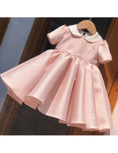 Cute Baby Collar Ruffled Little Girls Party Dress with Short Sleeves Beadings