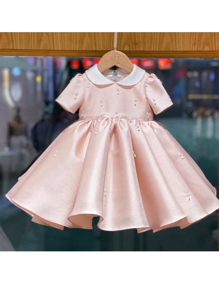 Cute Baby Collar Ruffled Little Girls Party Dress with Short Sleeves Beadings