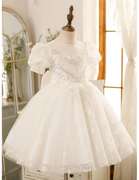 Sequined Embroidery Ballgown Wedding Flower Girl Dress Leaf Pattern with Bubble Sleeves