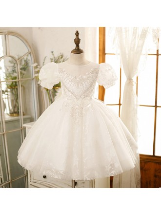 Sequined Embroidery Ballgown Wedding Flower Girl Dress Leaf Pattern with Bubble Sleeves