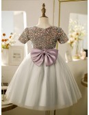 Cute Bow Sash Grey Tulle Little Girls Party Dress Sequined with Short Sleeves