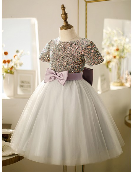 Cute Bow Sash Grey Tulle Little Girls Party Dress Sequined with Short Sleeves