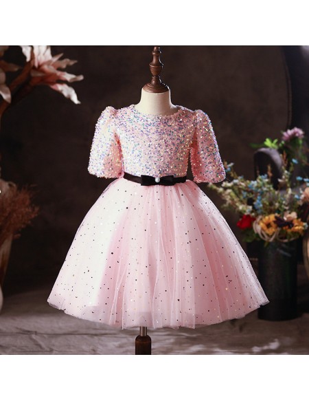 Pink Tulle Bling Sequins Girls Pageant Gown with Sash Short Sleeves