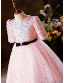 Pink Tulle Bling Sequins Girls Pageant Gown with Sash Short Sleeves