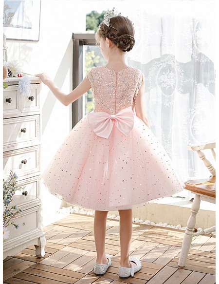 Cute Bling Tulle Pink Ballgown Girls Formal Party Dress with Beadings