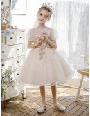 Bling Gold Sequined Couture Ballgown Flower Girl Dress with Sheer Bubble Sleeves