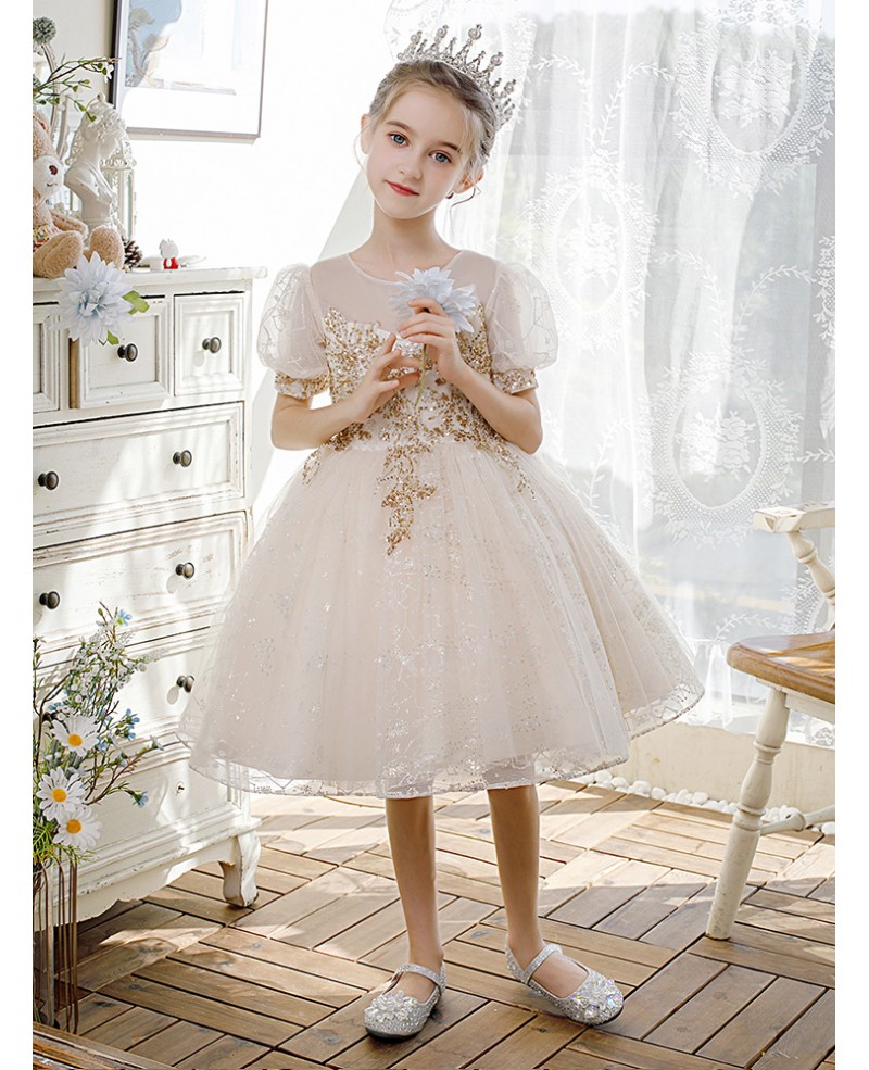 Bling Gold Sequined Couture Ballgown Flower Girl Dress with Sheer ...
