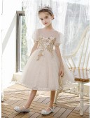 Bling Gold Sequined Couture Ballgown Flower Girl Dress with Sheer Bubble Sleeves