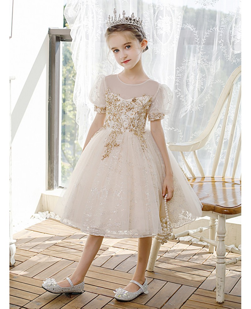 Bling Gold Sequined Couture Ballgown Flower Girl Dress with Sheer
