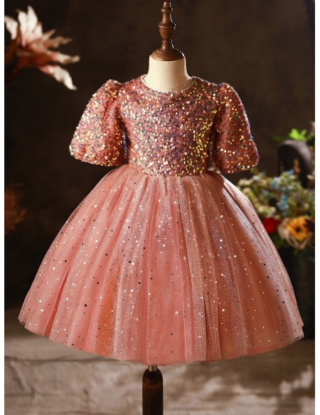 Bling Sequins Tulle Ballgown Formal Girls Pageant Gown with Sleeves