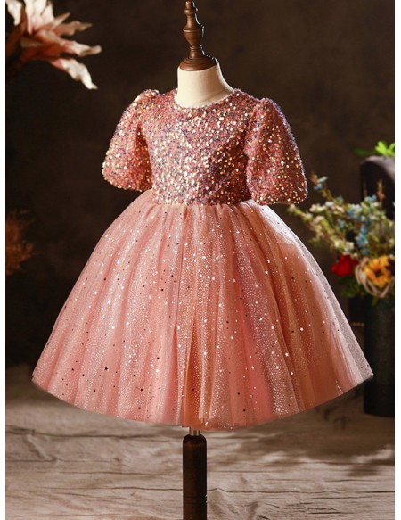 Bling Sequins Tulle Ballgown Formal Girls Pageant Gown with Sleeves