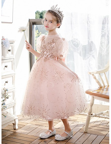 Super Cute Bling Sequins Pink Tulle Girls Formal Gown with Bubble Sleeves