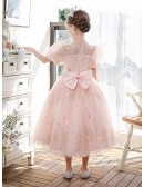 Super Cute Bling Sequins Pink Tulle Girls Formal Gown with Bubble Sleeves