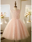 Bling Sequins Pink Tulle Ballgown Girls Pageant Gown with A Bow In Back