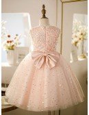 Bling Sequins Pink Tulle Ballgown Girls Pageant Gown with A Bow In Back