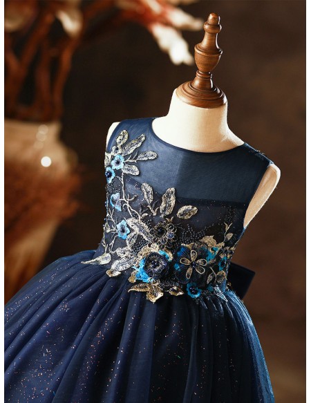 Navy Blue Short Tulle Girls Formal Party Dress with Embroidery