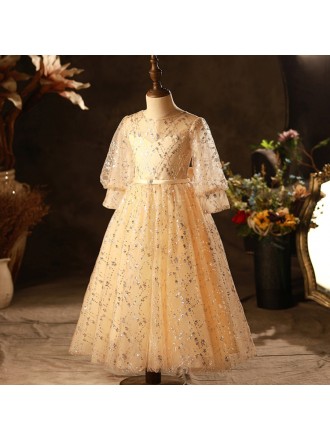 Champagne with Bling Sequins Girls Formal Gown with Sleeves