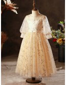 Champagne with Bling Sequins Girls Formal Gown with Sleeves
