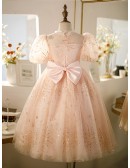 High-end Pink Tulle with Bling Sequins Girls Pageant Gown with Bubble Sleeves