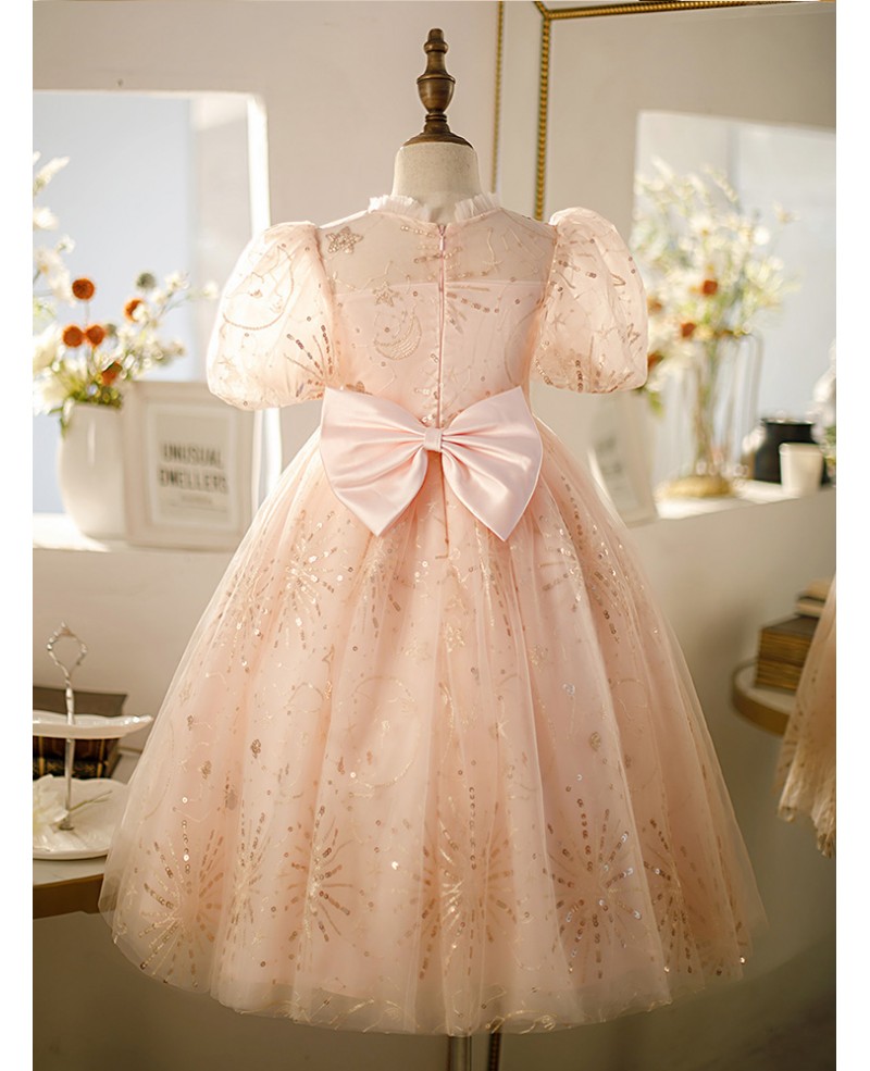 High-end Pink Tulle with Bling Sequins Girls Pageant Gown with Bubble ...