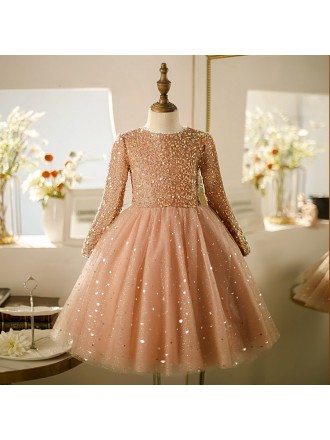 Beautiful Bling Sequins Couture Girls Formal Gown with Sequined Long Sleeves